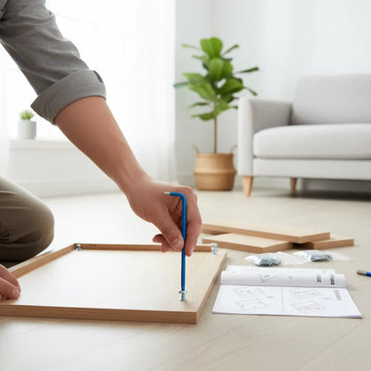 Homme utilise jeu de clés allen pour assembler base de meuble