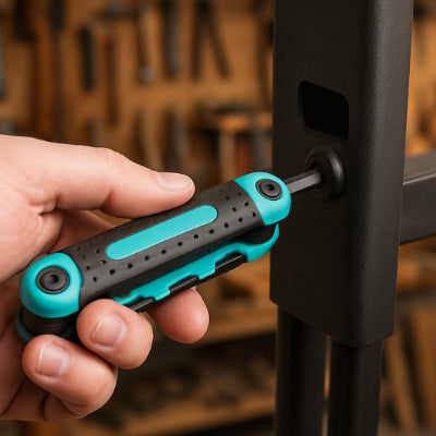 Homme utilise jeu de clés allen pour assembler étagère métal