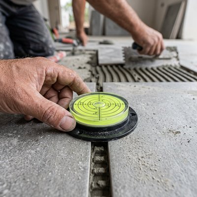 Homme utilise niveau à bulle de précision pour travailler
