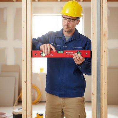 Homme utilise niveau à bulle électronique pour construire structure