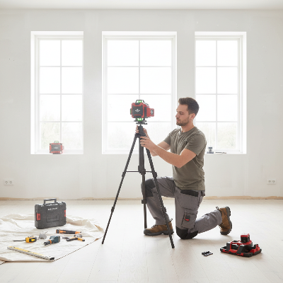 Homme utilise niveau laser 360 pour rénovation