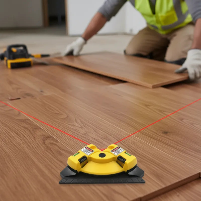Homme utilise niveau laser sur parquet