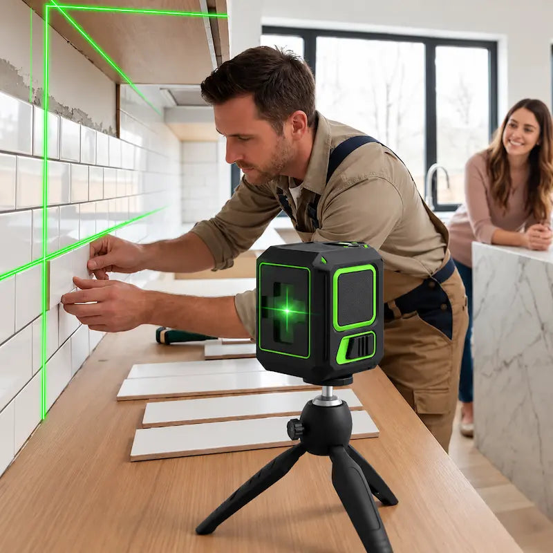 Homme utilise niveau laser vert pour carrelage cuisine