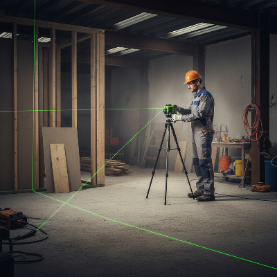 Homme utilise niveau laser vert sur chantier