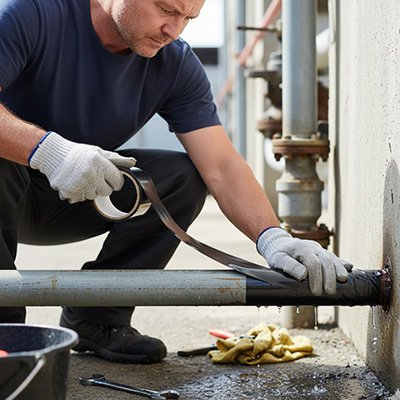 Homme utilise ruban adhésif étanche noir pour empêcher fuite d'eau