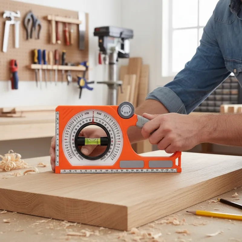 Inclinomètre à bulle orange dans atelier bois