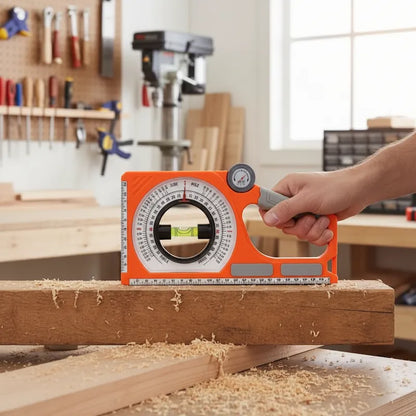 Inclinomètre à bulle orange sur établi bois-atelier