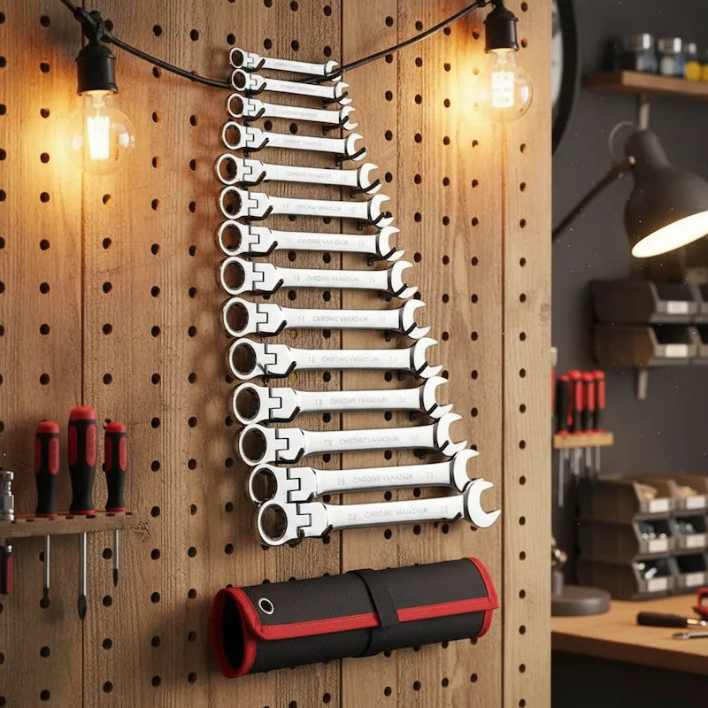 Jeu de clé plate à cliquet bien organise dans atelier