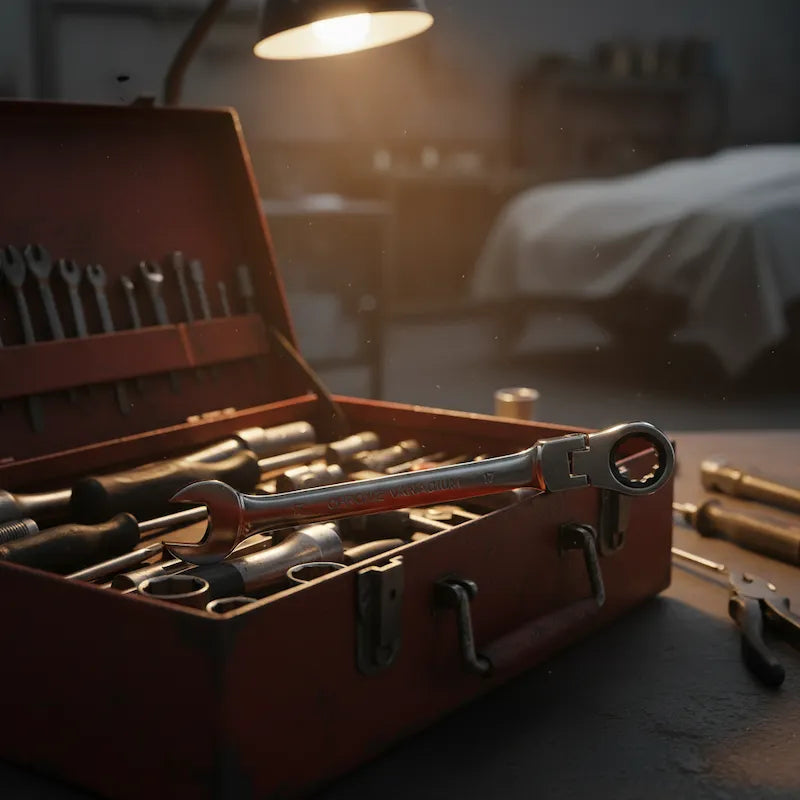 Jeu de clé plate à cliquet dans caisse à outils
