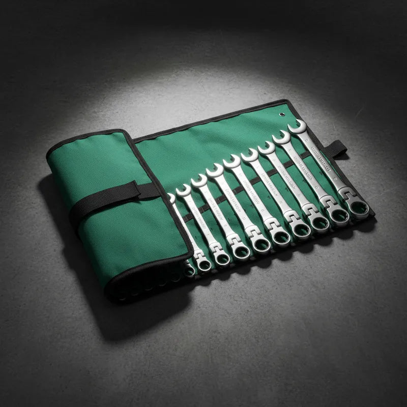 Jeu de clé plate à cliquet dans pochette verte