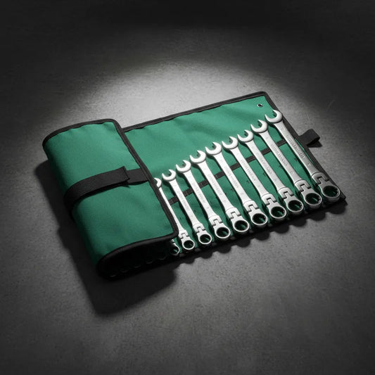 Jeu de clé plate à cliquet dans pochette verte