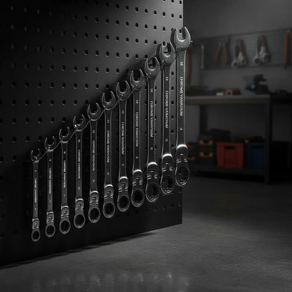 Jeu de clé plate à cliquet sur établi industriel