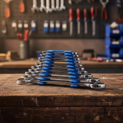 Jeu de clé plate de 6 à 32 sur établi de bricoleur