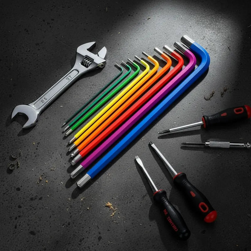 Jeu de clés allen au centre d'outils sur plancher béton