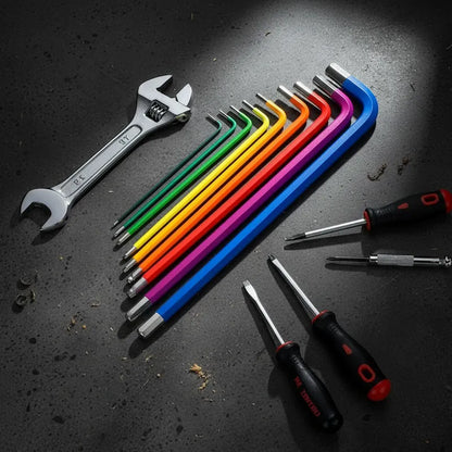 Jeu de clés allen au centre d'outils sur plancher béton