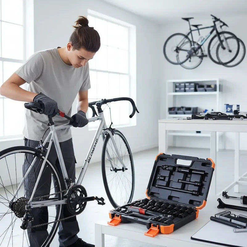 Jeune homme ajuste vélos avec coffret à douilles