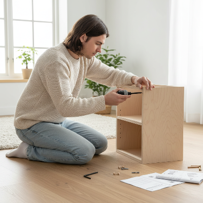 Jeune homme assemble meuble avec tournevis à cliquet