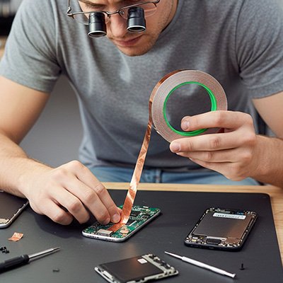 Jeune homme réparant électronique avec ruban adhésif en cuivre