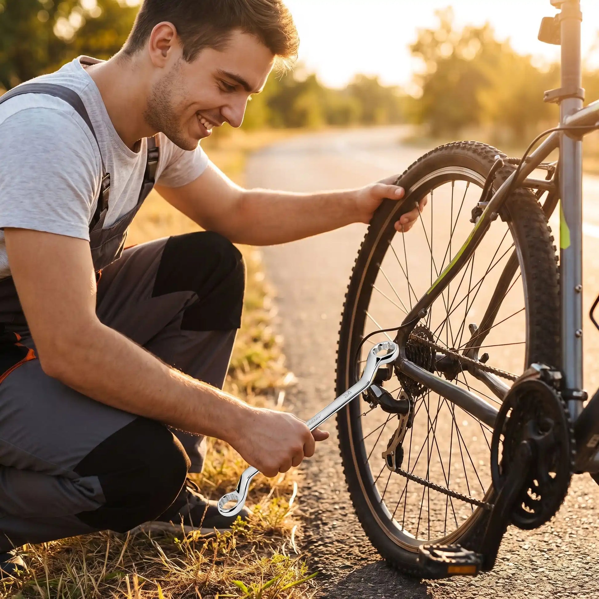 Jeune homme répare boulon vélo avec clé plate coudée