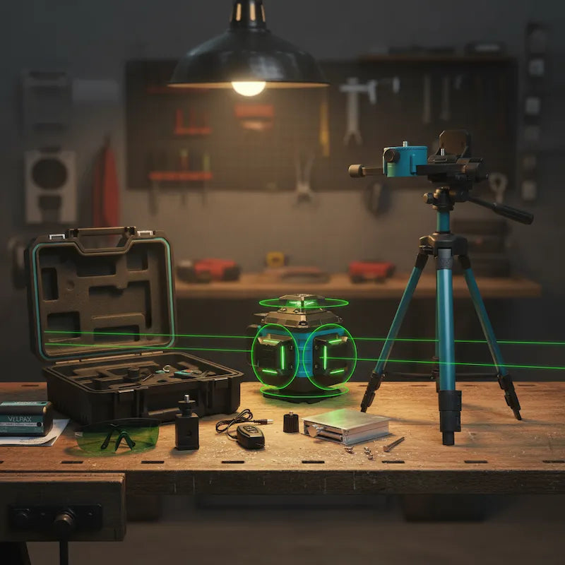 Kit complet niveau laser 360 sur établi vue d'ensemble