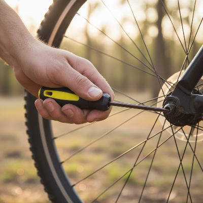 Main qui ajuste roue vélo avec clé allen