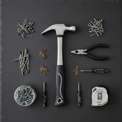 Marteau de menuisier sur plaque ardoise avec outils de bricolage