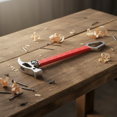 Marteau multifonction rouge sur atelier bois