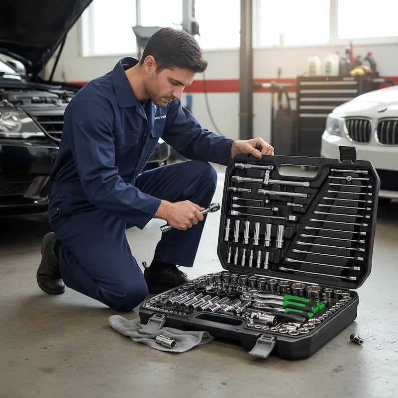 Mécanicien choisi pièces de son coffret cles a douille pour travailler
