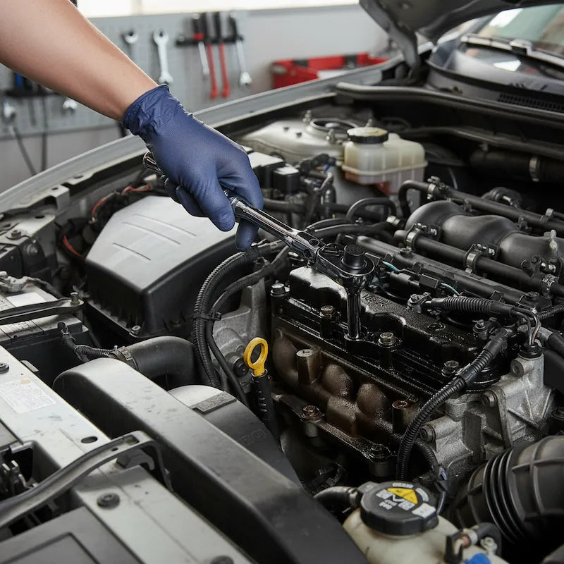 Mécanicien répare moteur voiture avec clé à cliquet