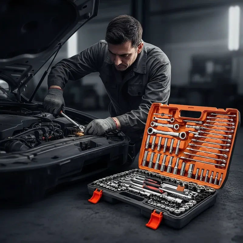 Mécanicien répare voiture avec coffret à douilles