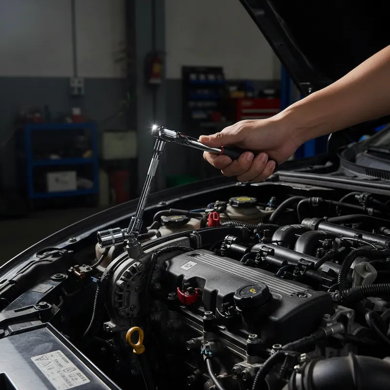 Mécanicien utilise rallonge coffret cles a douille pour réparer voiture