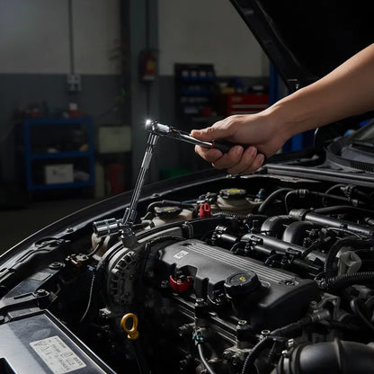 Mécanicien utilise rallonge coffret cles a douille pour réparer voiture