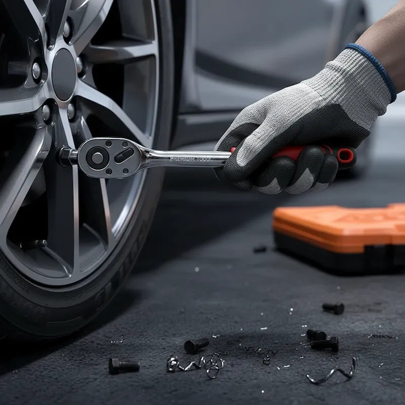 Mécanicien utilise son coffret à douilles pour réparer voiture