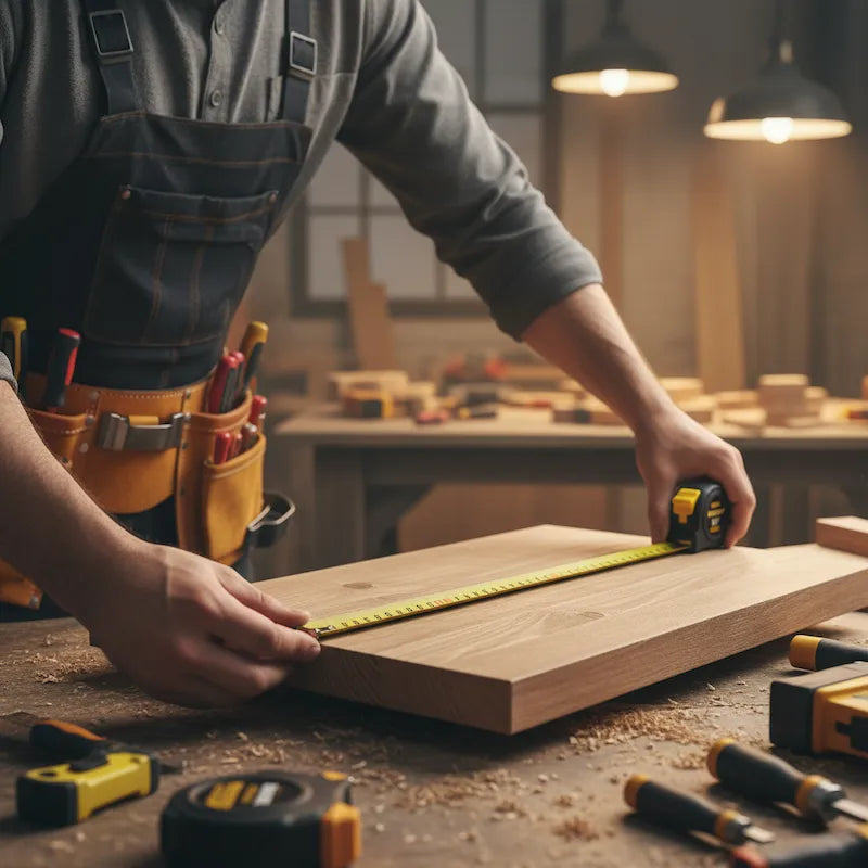 Menuisier bricole dans atelier avec mètre ruban