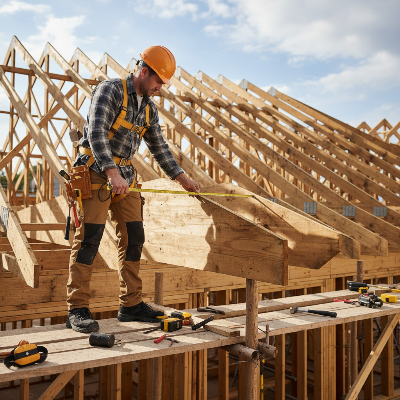 Menuisier sur échafaudage mesurant structure avec mètre à ruban