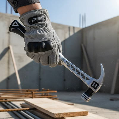 Menuisier tient marteau sur chantier construction