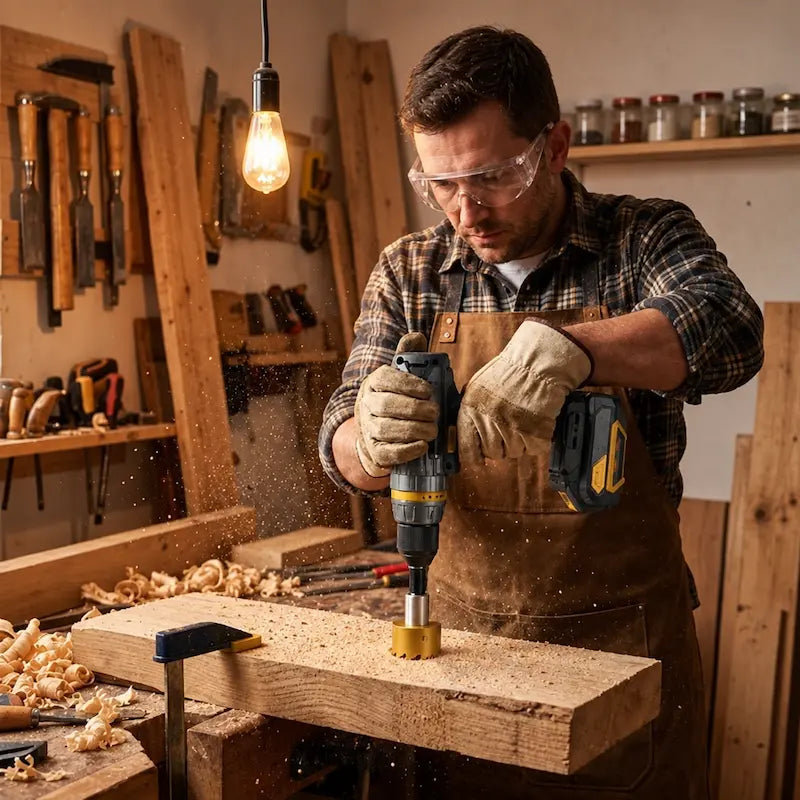 Menuisier utilisant une scie cloche pour acier dorée dans atelier chaleureux