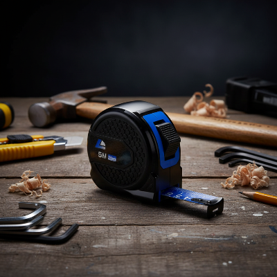 Metre ruban bleu dans atelier table bois