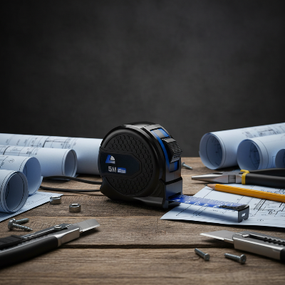Metre ruban bleu sur vieux établi bois