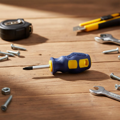 Mini tournevis cruciforme sur établi bois