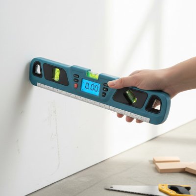 Niveau à bulle électronique bleu sur mur