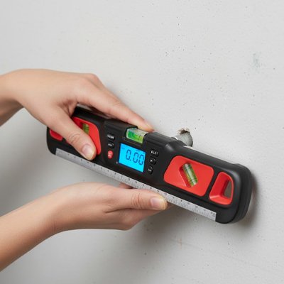 Niveau à bulle électronique rouge accoté sur mur