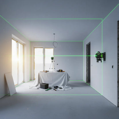 Niveau laser 360 installe sur mur lignes vertes