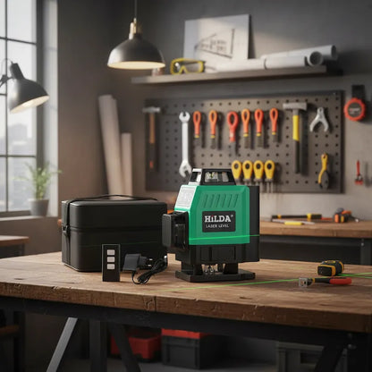 Niveau laser 360 vert sur atelier bois