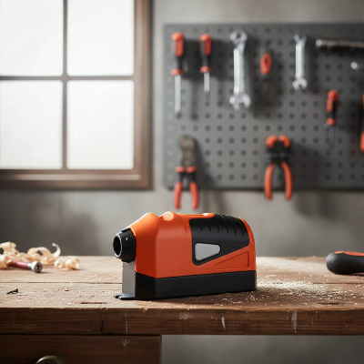 Niveau laser à bulle orange sur établi bois