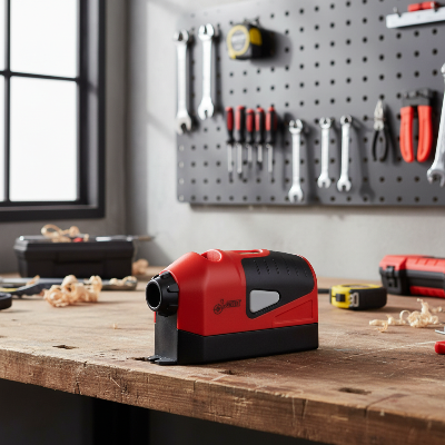 Niveau laser à bulle rouge sur établi bois