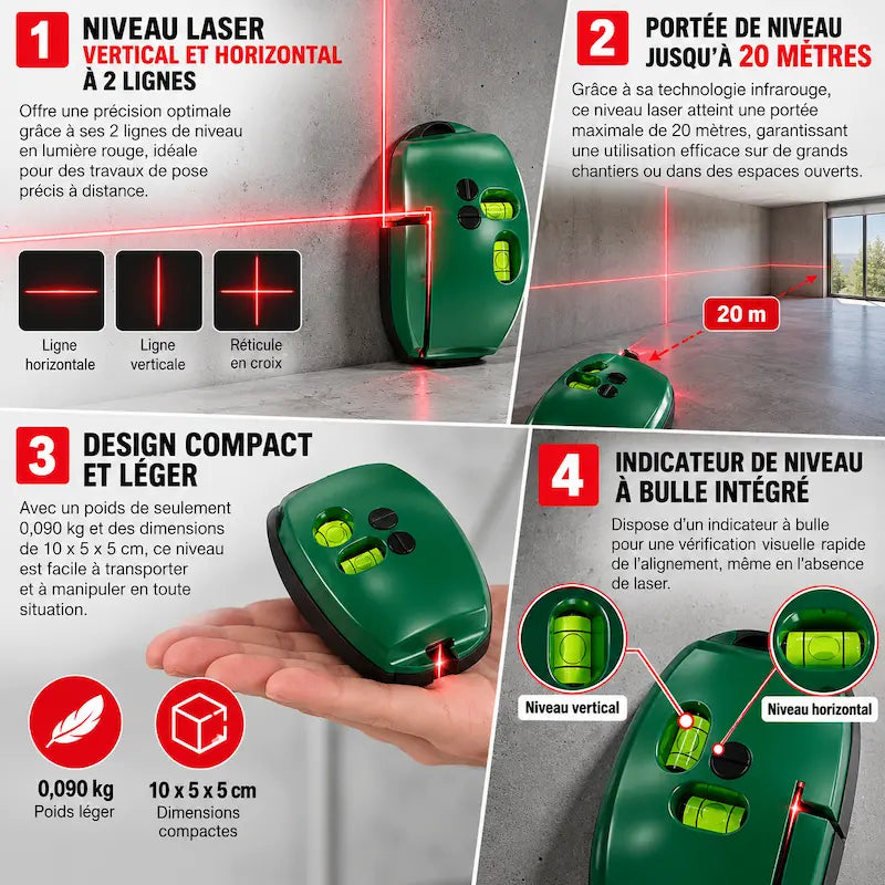 Niveau laser à bulle vert souris caractéristique