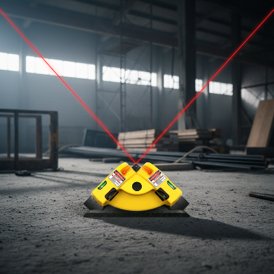 Niveau laser jaune debout sur plancher usine