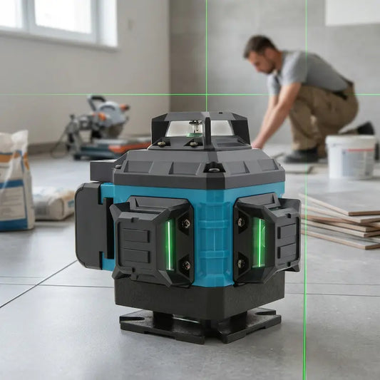 Niveau laser pose sur sol dans pièce en rénovation