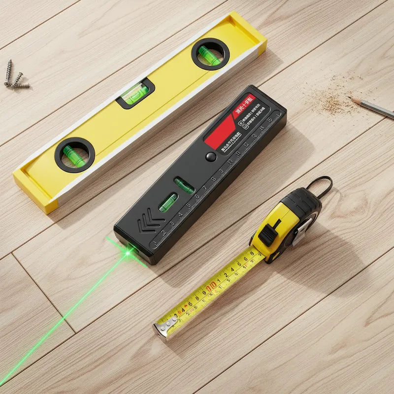 Niveau laser rechargeable sur plancher bois